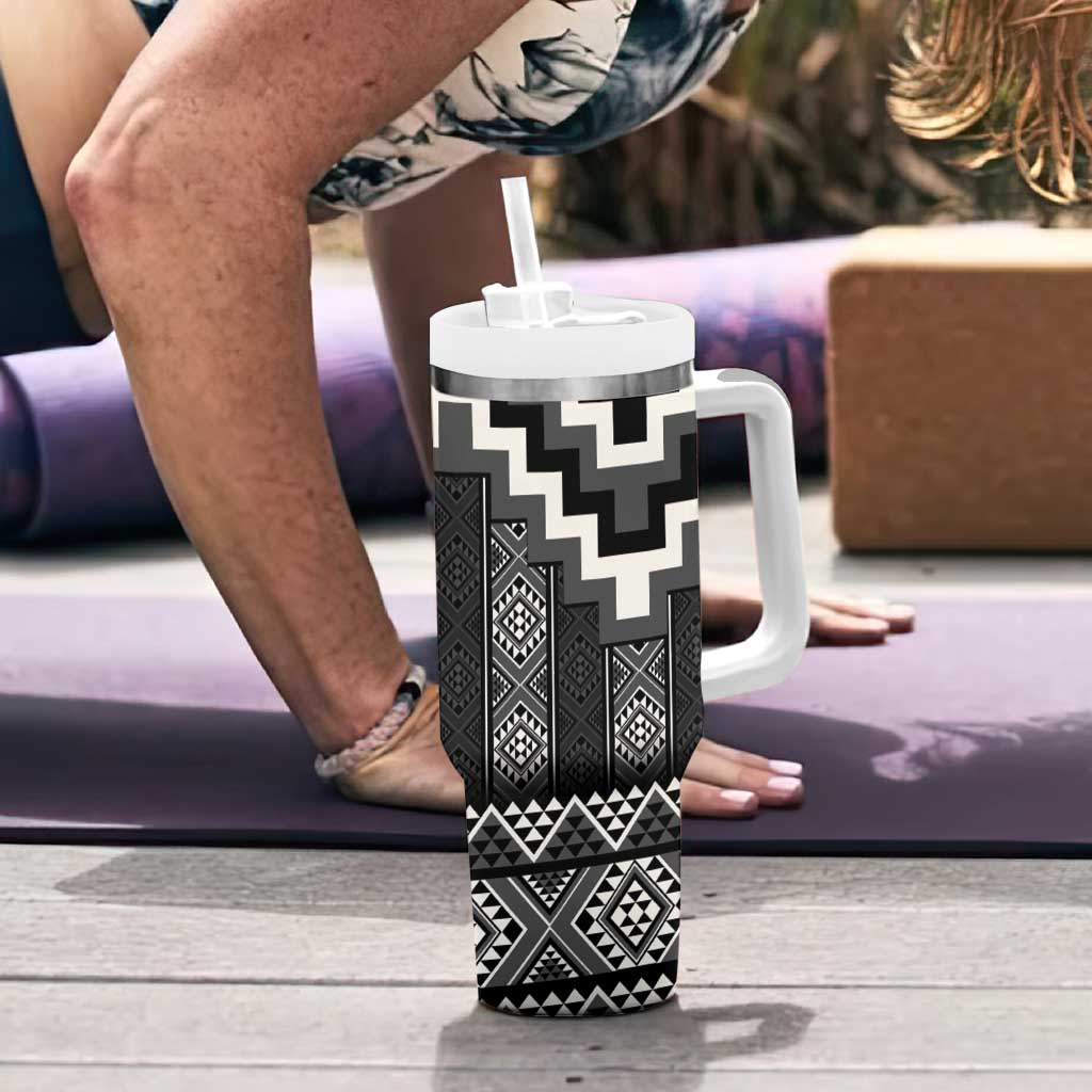 Black Taniko Aotearoa Tumbler With Handle Niho Taniwha Mix Poutama LT14 - Polynesian Pride