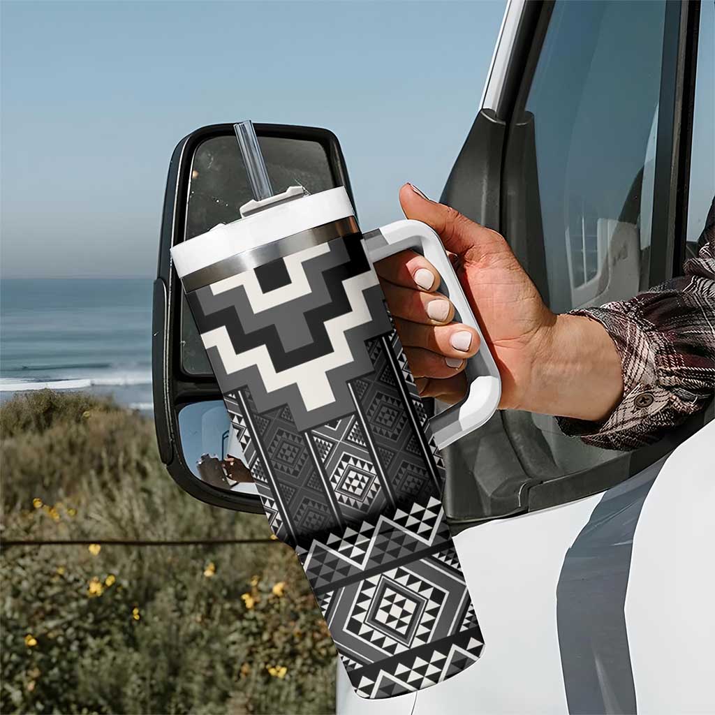 Black Taniko Aotearoa Tumbler With Handle Niho Taniwha Mix Poutama LT14 - Polynesian Pride