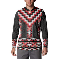 Red Taniko Aotearoa Button Sweatshirt Niho Taniwha Mix Poutama LT14 - Polynesian Pride