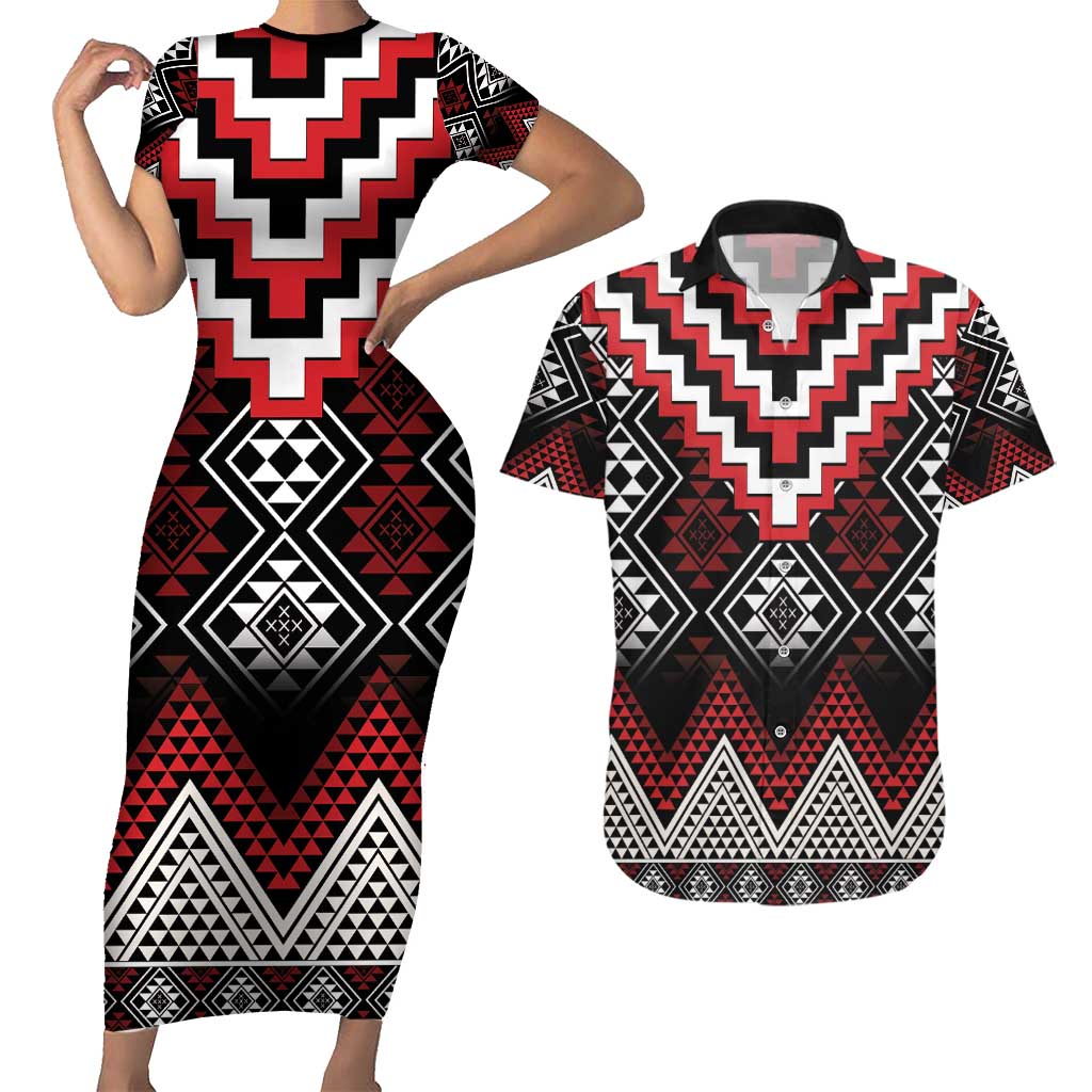 Red Taniko Aotearoa Couples Matching Short Sleeve Bodycon Dress and Hawaiian Shirt Niho Taniwha Mix Poutama