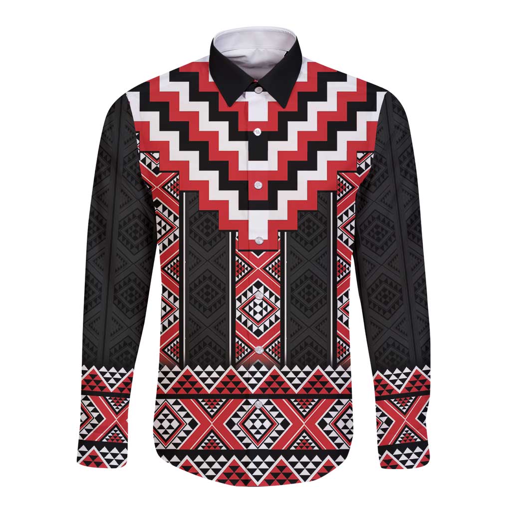 Red Taniko Aotearoa Long Sleeve Button Shirt Niho Taniwha Mix Poutama LT14 Unisex Red - Polynesian Pride