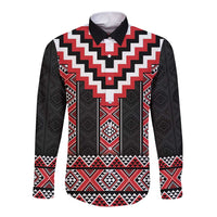 Red Taniko Aotearoa Long Sleeve Button Shirt Niho Taniwha Mix Poutama LT14 Unisex Red - Polynesian Pride