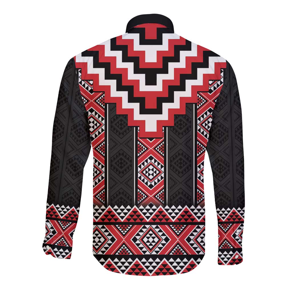 Red Taniko Aotearoa Long Sleeve Button Shirt Niho Taniwha Mix Poutama LT14 - Polynesian Pride