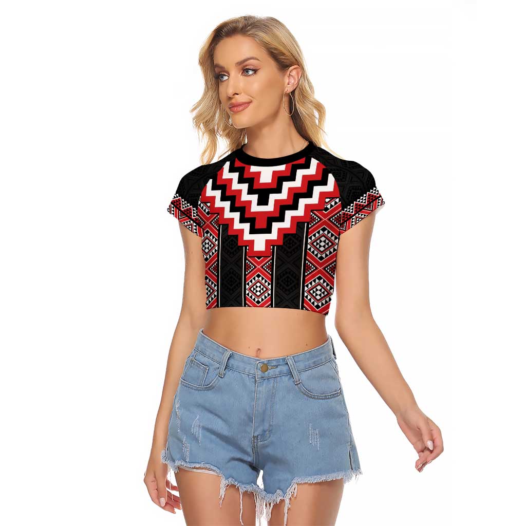 Red Taniko Aotearoa Raglan Cropped T Shirt Niho Taniwha Mix Poutama LT14 Female Red - Polynesian Pride