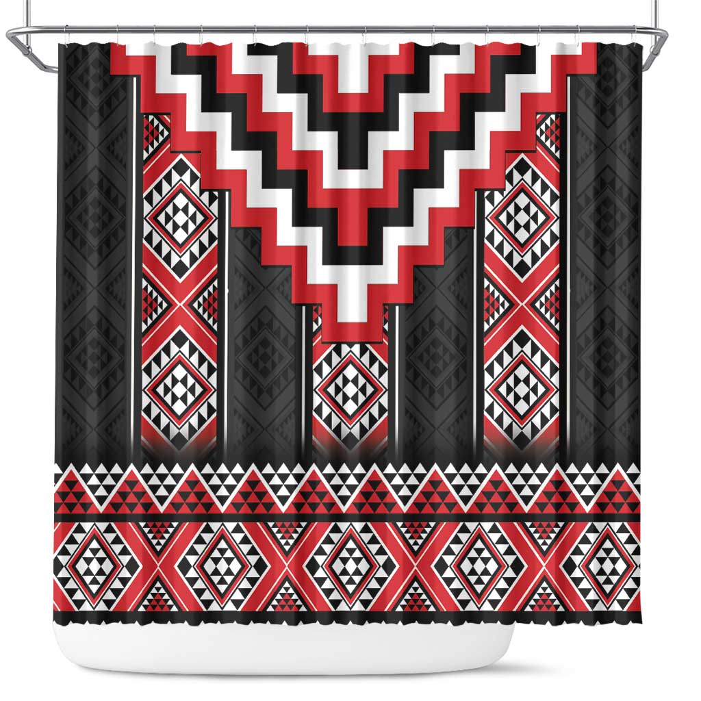 Red Taniko Aotearoa Shower Curtain Niho Taniwha Mix Poutama LT14 Red - Polynesian Pride