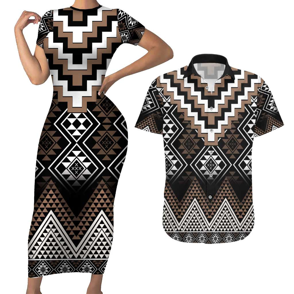 Brown Taniko Aotearoa Couples Matching Short Sleeve Bodycon Dress and Hawaiian Shirt Niho Taniwha Mix Poutama