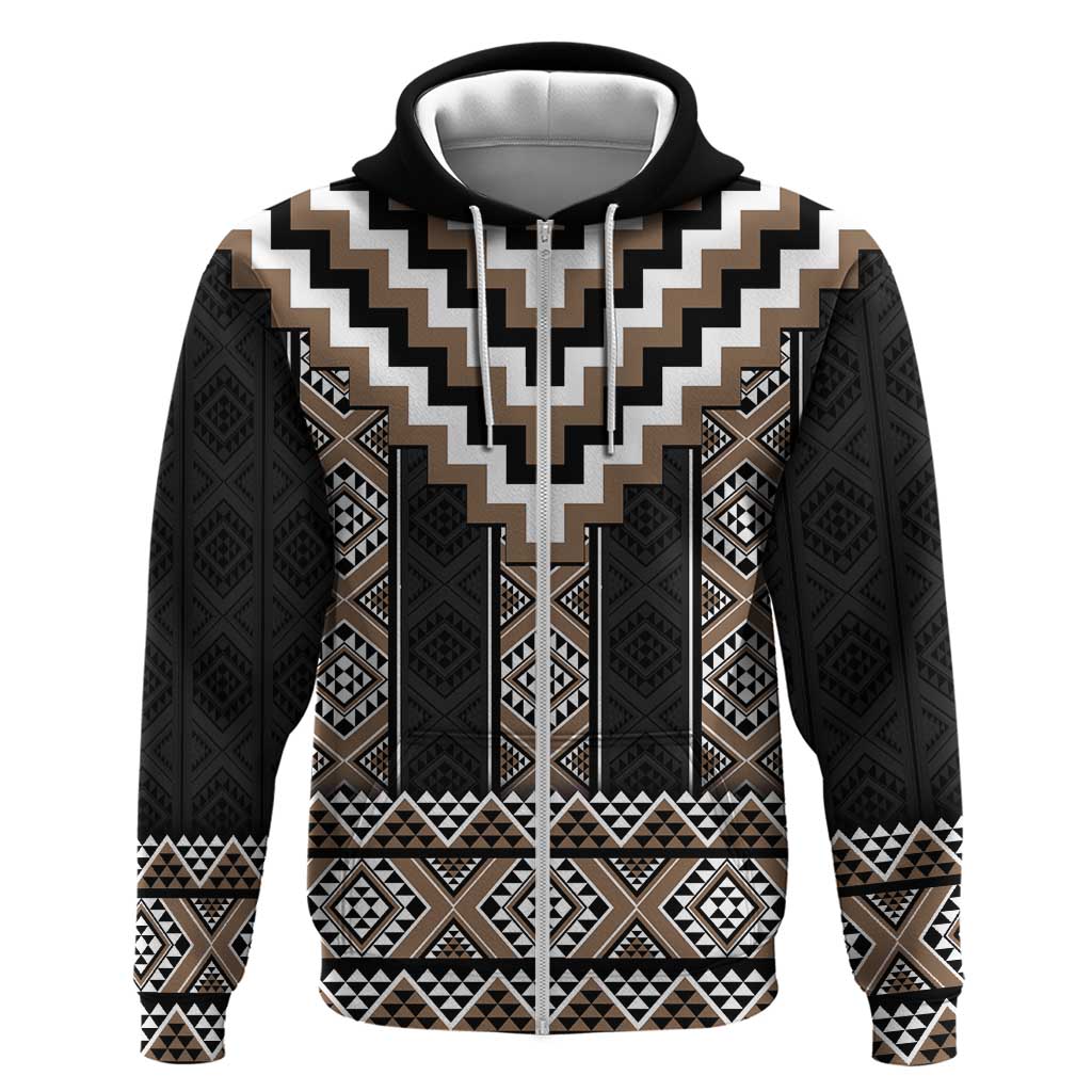 Brown Taniko Aotearoa Hoodie Niho Taniwha Mix Poutama LT14 Zip Hoodie Brown - Polynesian Pride