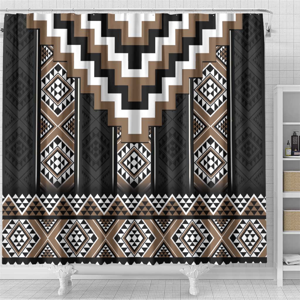 Brown Taniko Aotearoa Shower Curtain Niho Taniwha Mix Poutama LT14 - Polynesian Pride