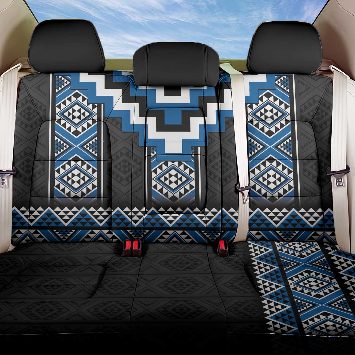 Blue Taniko Aotearoa Back Car Seat Cover Niho Taniwha Mix Poutama LT14 One Size Blue - Polynesian Pride