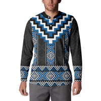 Blue Taniko Aotearoa Button Sweatshirt Niho Taniwha Mix Poutama LT14 - Polynesian Pride