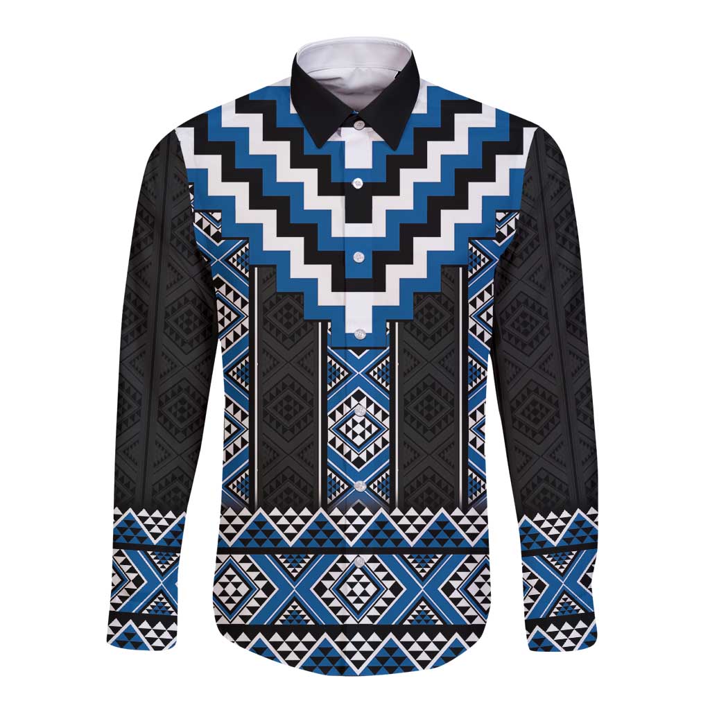 Blue Taniko Aotearoa Long Sleeve Button Shirt Niho Taniwha Mix Poutama LT14 Unisex Blue - Polynesian Pride