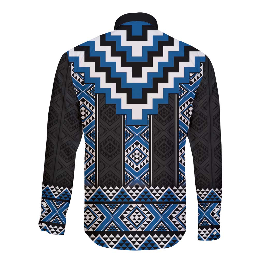 Blue Taniko Aotearoa Long Sleeve Button Shirt Niho Taniwha Mix Poutama LT14 - Polynesian Pride