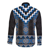 Blue Taniko Aotearoa Long Sleeve Button Shirt Niho Taniwha Mix Poutama LT14 - Polynesian Pride