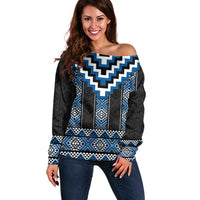 Blue Taniko Aotearoa Off Shoulder Sweater Niho Taniwha Mix Poutama LT14 Women Blue - Polynesian Pride