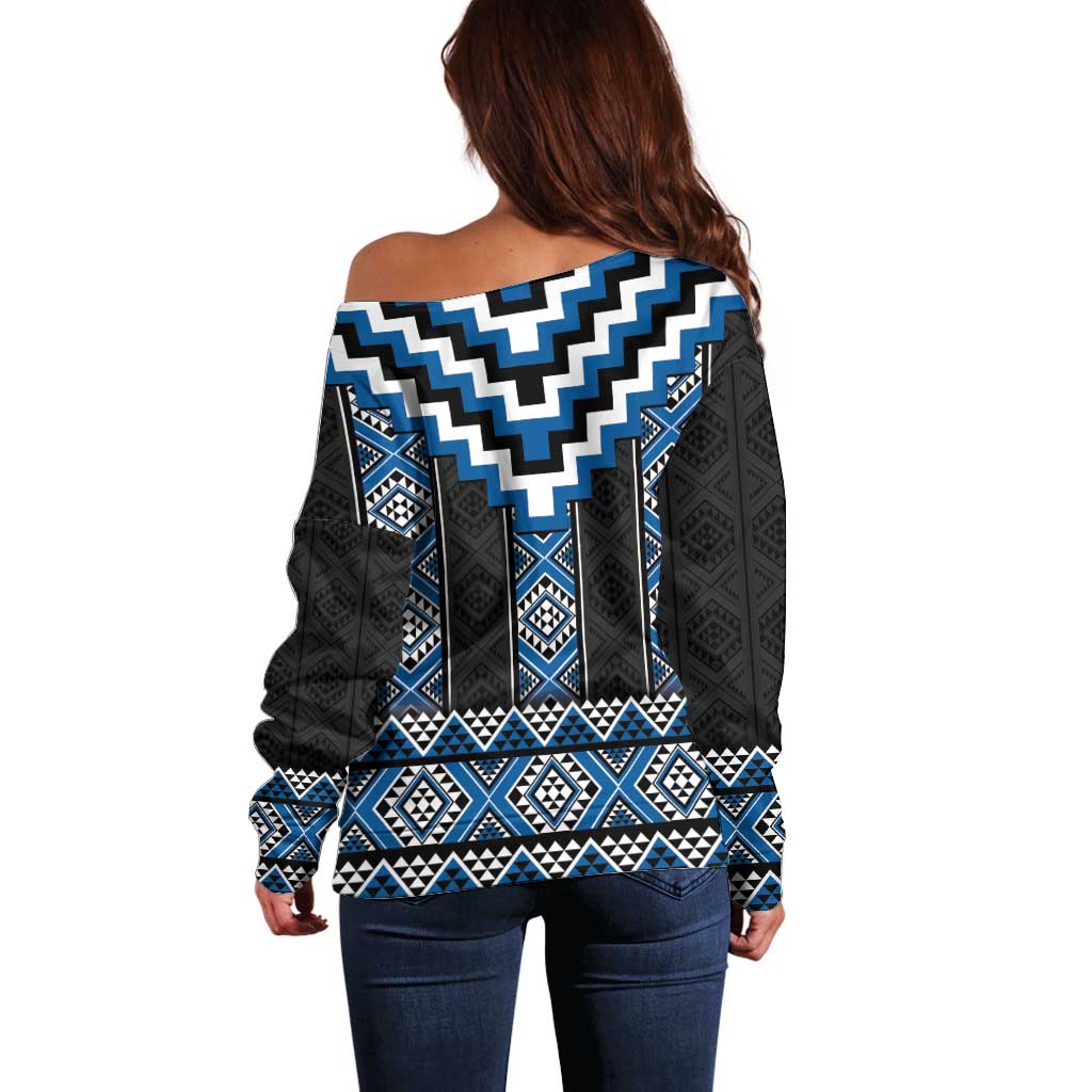 Blue Taniko Aotearoa Off Shoulder Sweater Niho Taniwha Mix Poutama LT14 - Polynesian Pride