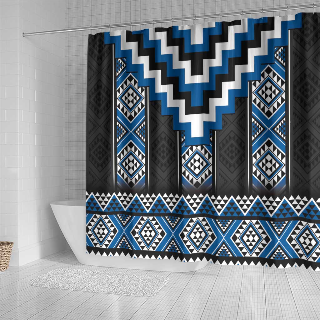 Blue Taniko Aotearoa Shower Curtain Niho Taniwha Mix Poutama LT14 - Polynesian Pride