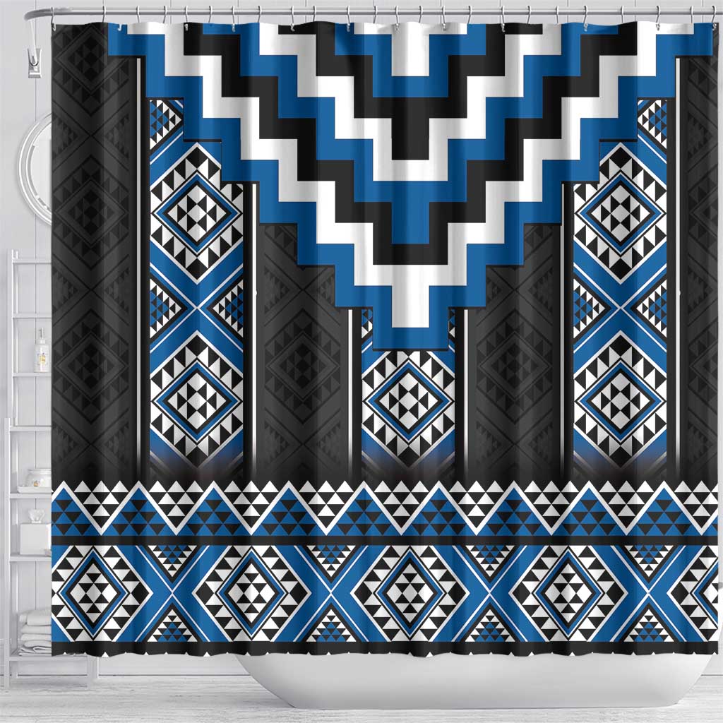 Blue Taniko Aotearoa Shower Curtain Niho Taniwha Mix Poutama LT14 - Polynesian Pride