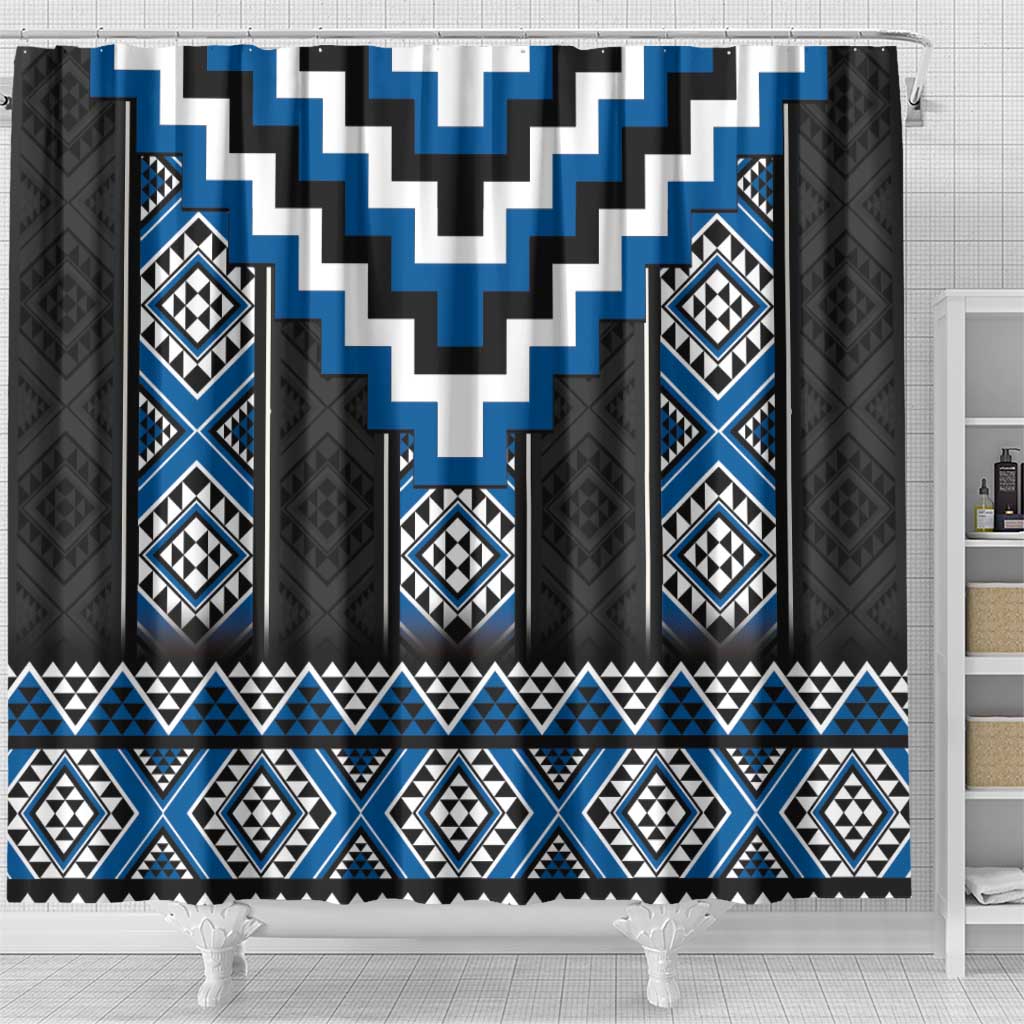 Blue Taniko Aotearoa Shower Curtain Niho Taniwha Mix Poutama LT14 - Polynesian Pride