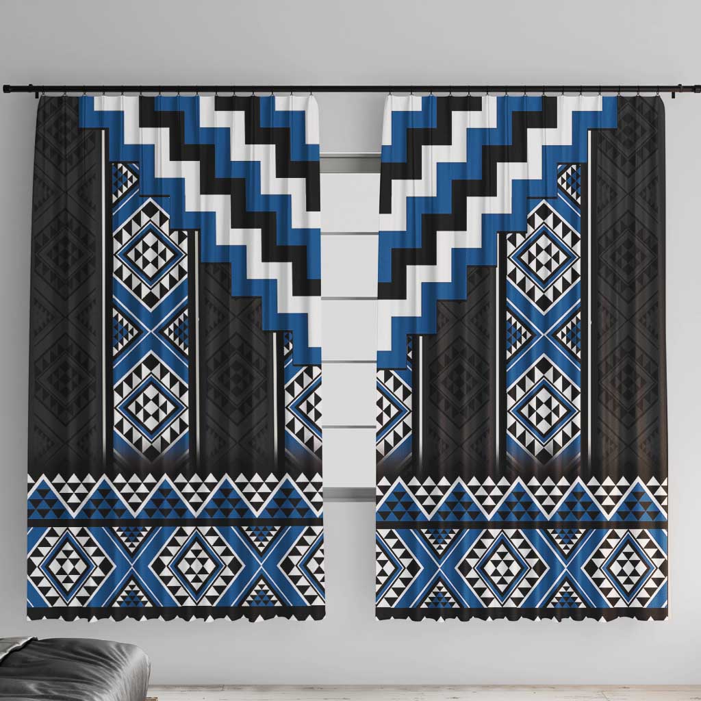 Blue Taniko Aotearoa Window Curtain Niho Taniwha Mix Poutama LT14 With Hooks Blue - Polynesian Pride