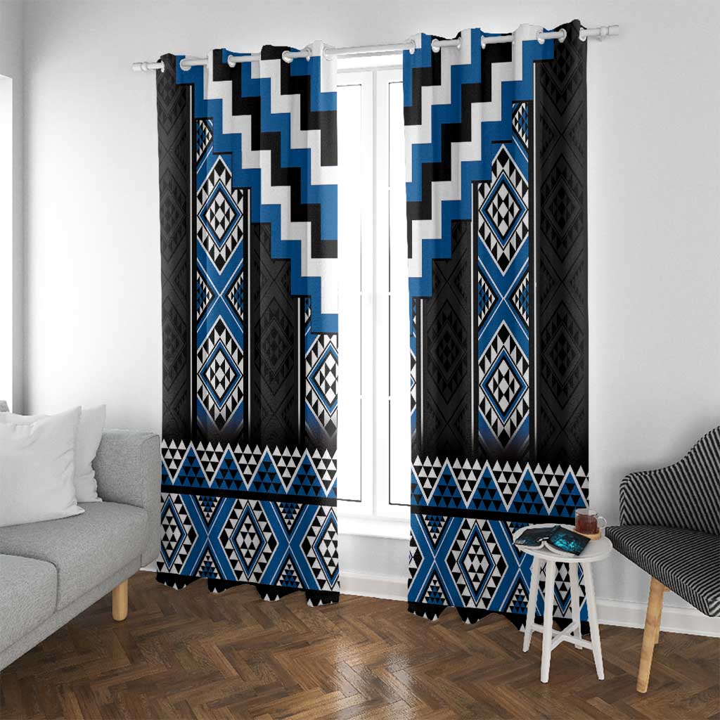 Blue Taniko Aotearoa Window Curtain Niho Taniwha Mix Poutama LT14 With Grommets Blue - Polynesian Pride
