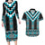 Turquoise Taniko Pattern Aotearoa Couples Matching Long Sleeve Bodycon Dress and Hawaiian Shirt Niho Taniwha Mix Poutama LT14