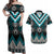 Turquoise Taniko Pattern Aotearoa Couples Matching Off Shoulder Maxi Dress and Hawaiian Shirt Niho Taniwha Mix Poutama