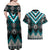 Turquoise Taniko Pattern Aotearoa Couples Matching Off Shoulder Maxi Dress and Hawaiian Shirt Niho Taniwha Mix Poutama