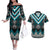 Turquoise Taniko Pattern Aotearoa Couples Matching Off The Shoulder Long Sleeve Dress and Hawaiian Shirt Niho Taniwha Mix Poutama