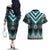 Turquoise Taniko Pattern Aotearoa Couples Matching Off The Shoulder Long Sleeve Dress and Hawaiian Shirt Niho Taniwha Mix Poutama