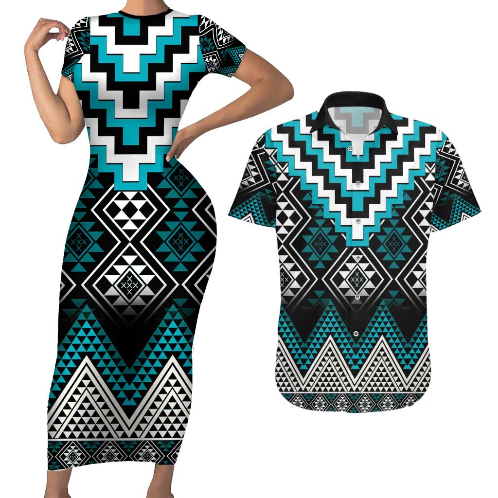 Turquoise Taniko Pattern Aotearoa Couples Matching Short Sleeve Bodycon Dress and Hawaiian Shirt Niho Taniwha Mix Poutama