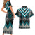 Turquoise Taniko Pattern Aotearoa Couples Matching Short Sleeve Bodycon Dress and Hawaiian Shirt Niho Taniwha Mix Poutama