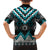 Turquoise Taniko Pattern Aotearoa Family Matching Off The Shoulder Long Sleeve Dress and Hawaiian Shirt Niho Taniwha Mix Poutama