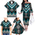 Turquoise Taniko Pattern Aotearoa Family Matching Off The Shoulder Long Sleeve Dress and Hawaiian Shirt Niho Taniwha Mix Poutama