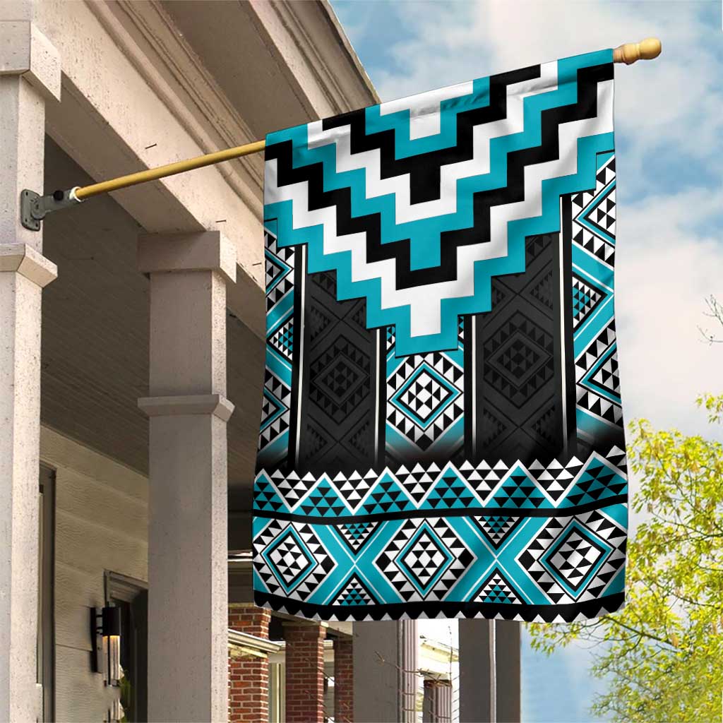 Turquoise Taniko Pattern Aotearoa Garden Flag Niho Taniwha Mix Poutama LT14 House Flag Turquoise - Polynesian Pride