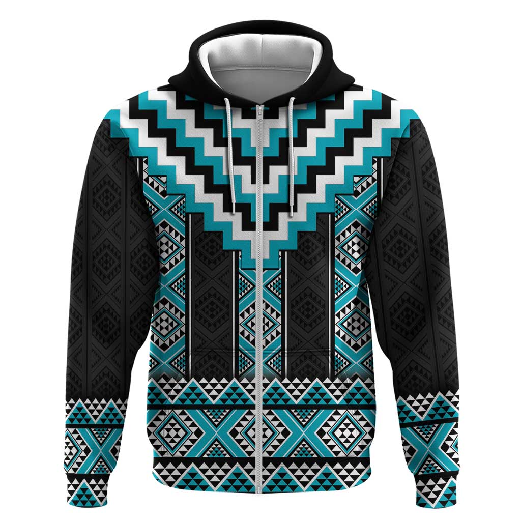 Turquoise Taniko Pattern Aotearoa Hoodie Niho Taniwha Mix Poutama LT14 Zip Hoodie Turquoise - Polynesian Pride