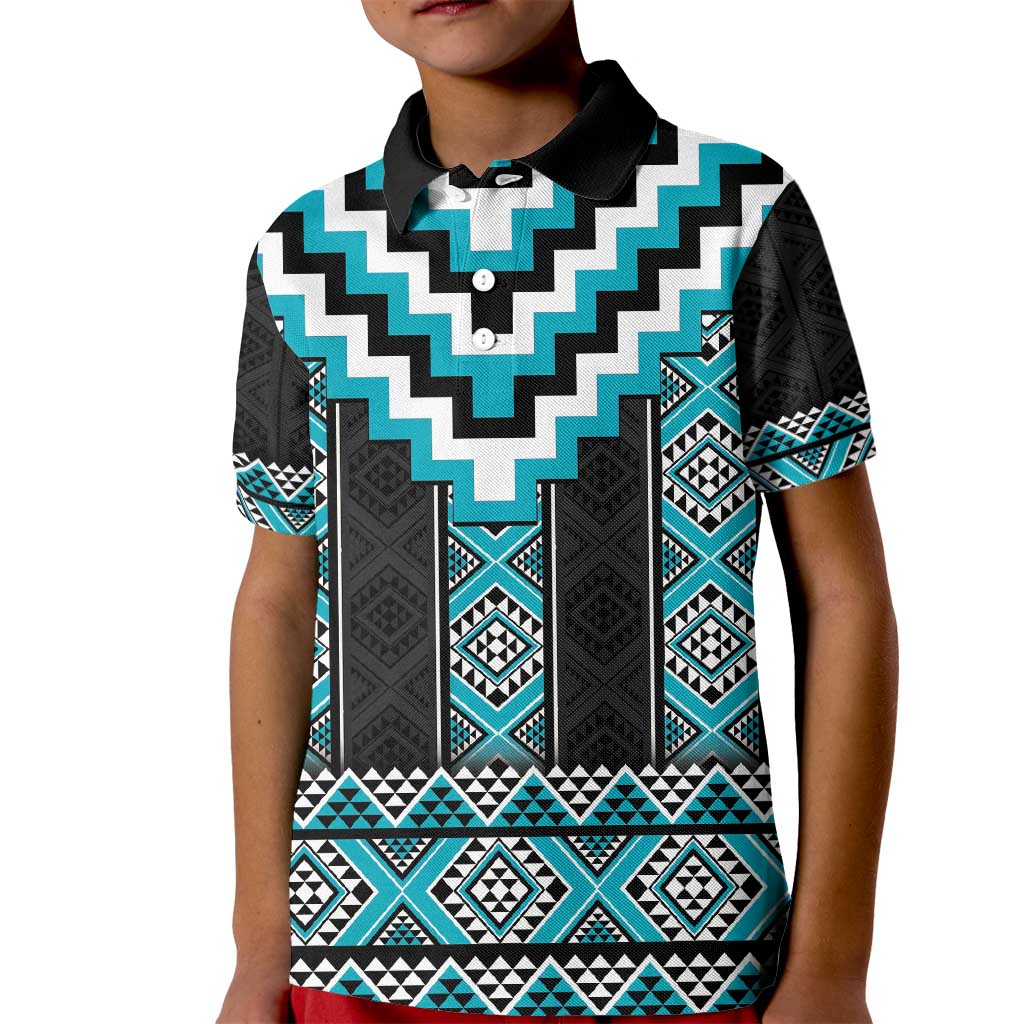 Turquoise Taniko Pattern Aotearoa Kid Polo Shirt Niho Taniwha Mix Poutama LT14 Kid Turquoise - Polynesian Pride