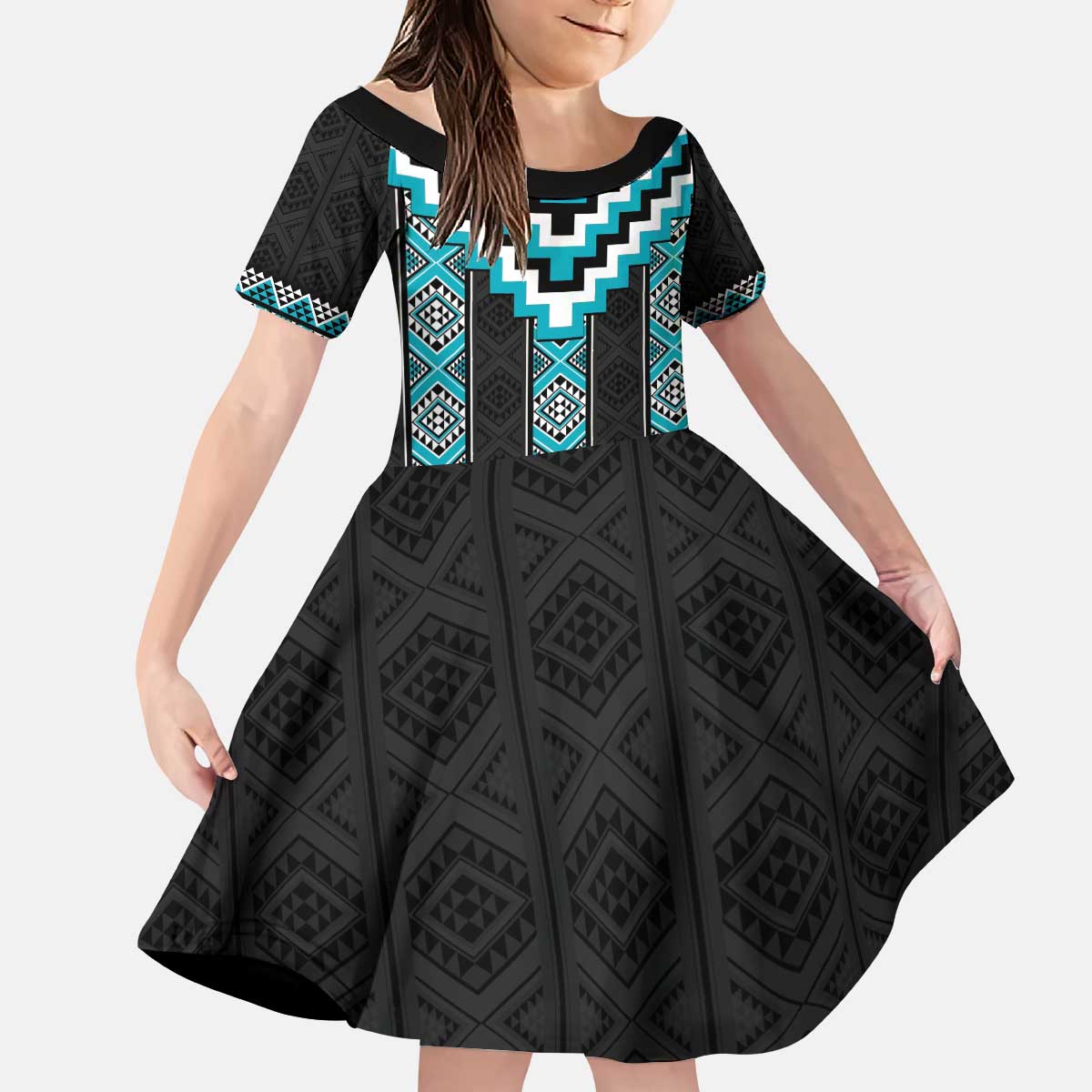 Turquoise Taniko Pattern Aotearoa Kid Short Sleeve Dress Niho Taniwha Mix Poutama LT14 KID Turquoise - Polynesian Pride