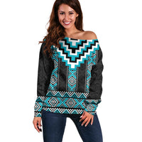 Turquoise Taniko Pattern Aotearoa Off Shoulder Sweater Niho Taniwha Mix Poutama LT14 Women Turquoise - Polynesian Pride