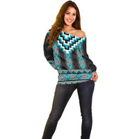 Turquoise Taniko Pattern Aotearoa Off Shoulder Sweater Niho Taniwha Mix Poutama LT14 - Polynesian Pride