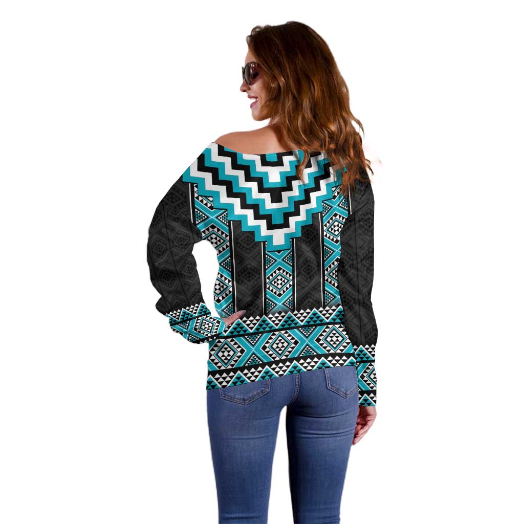 Turquoise Taniko Pattern Aotearoa Off Shoulder Sweater Niho Taniwha Mix Poutama LT14 - Polynesian Pride