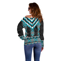 Turquoise Taniko Pattern Aotearoa Off Shoulder Sweater Niho Taniwha Mix Poutama LT14 - Polynesian Pride