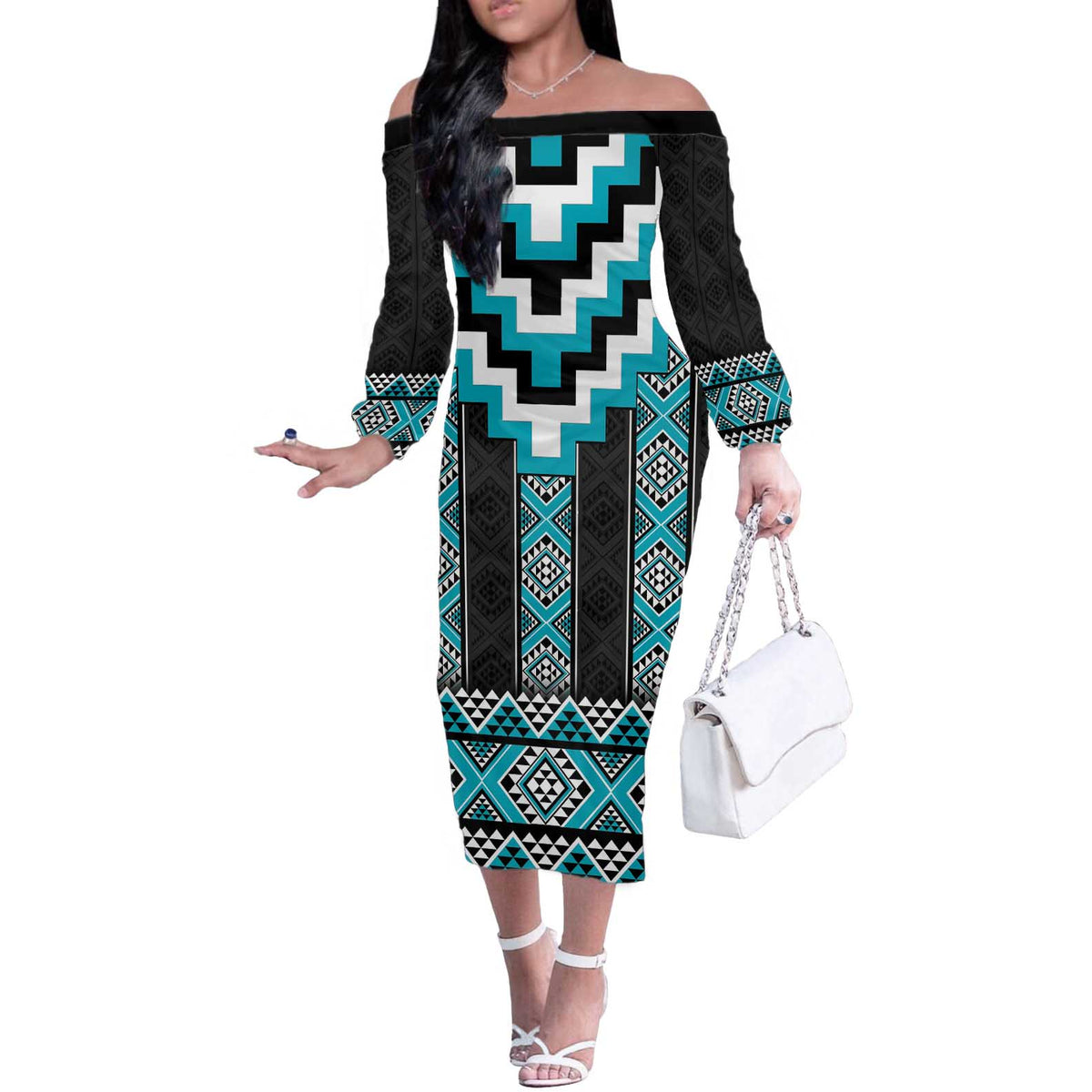 Turquoise Taniko Pattern Aotearoa Off The Shoulder Long Sleeve Dress Niho Taniwha Mix Poutama LT14 Women Turquoise - Polynesian Pride