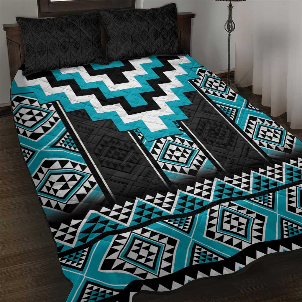 Turquoise Taniko Pattern Aotearoa Quilt Bed Set Niho Taniwha Mix Poutama LT14 Turquoise - Polynesian Pride