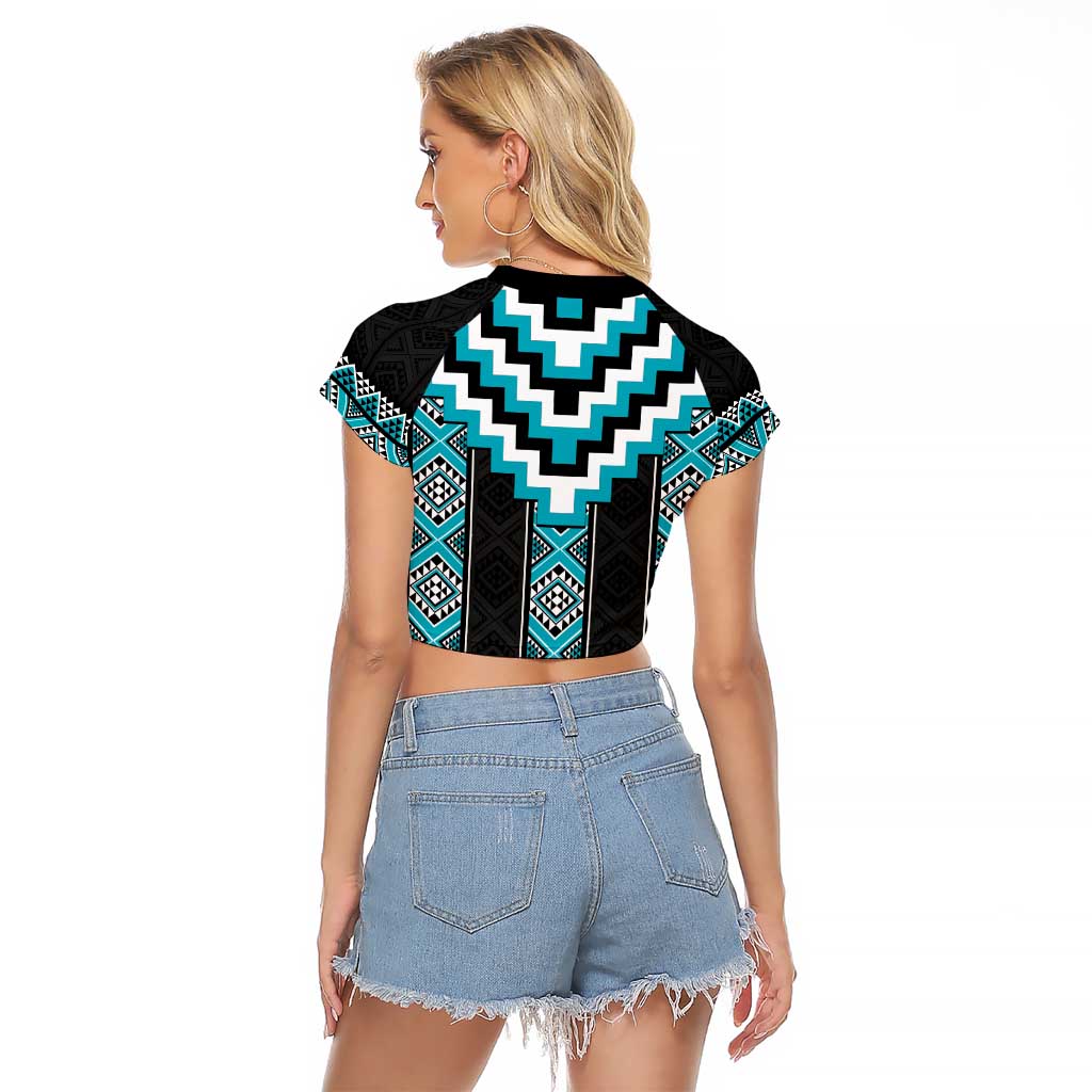 Turquoise Taniko Pattern Aotearoa Raglan Cropped T Shirt Niho Taniwha Mix Poutama LT14 - Polynesian Pride