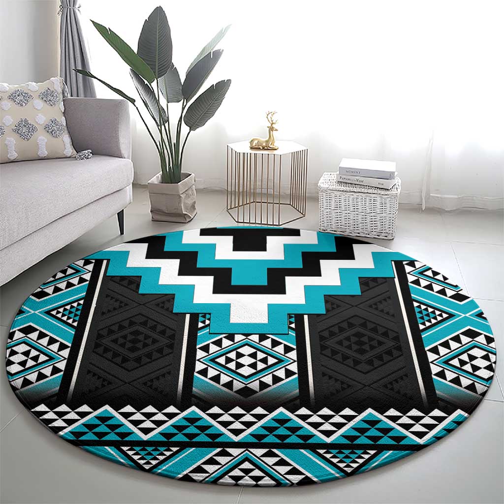 Turquoise Taniko Pattern Aotearoa Round Carpet Niho Taniwha Mix Poutama LT14 - Polynesian Pride