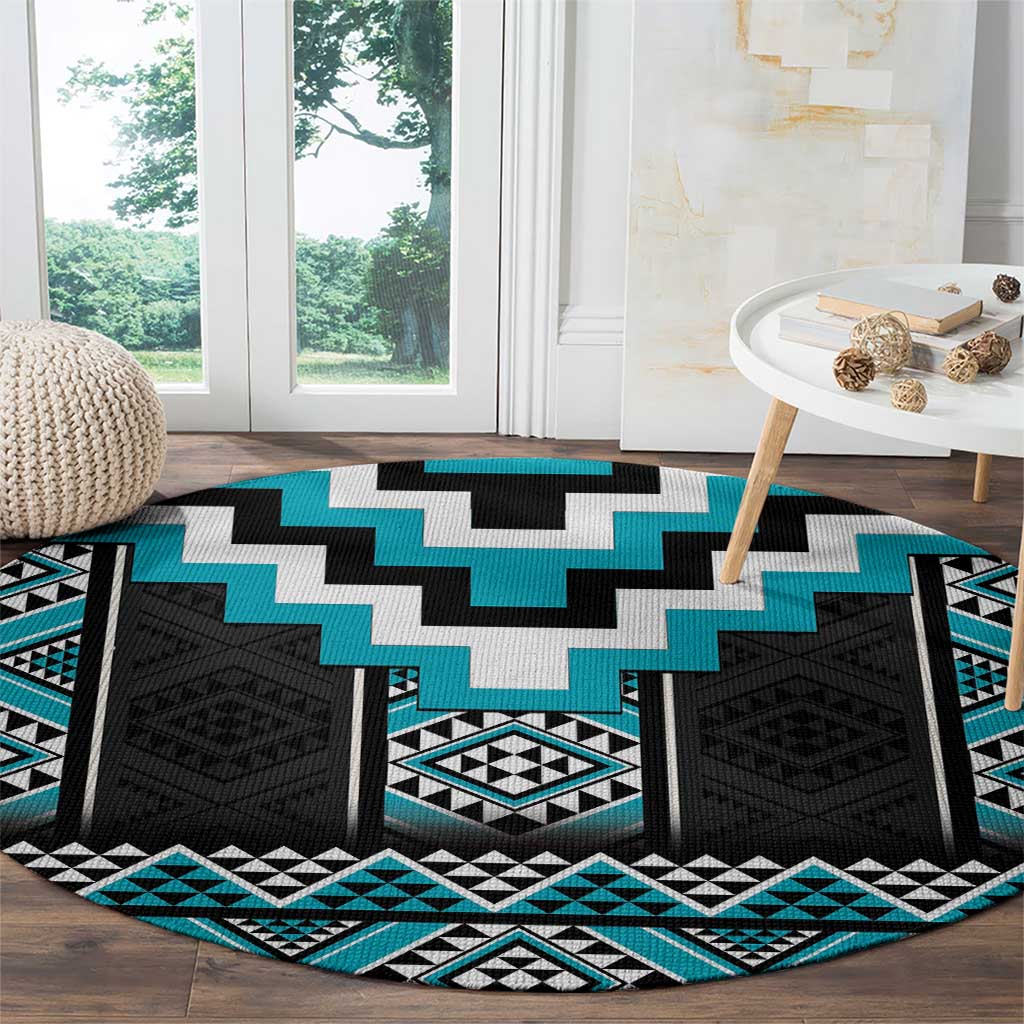 Turquoise Taniko Pattern Aotearoa Round Carpet Niho Taniwha Mix Poutama LT14 - Polynesian Pride