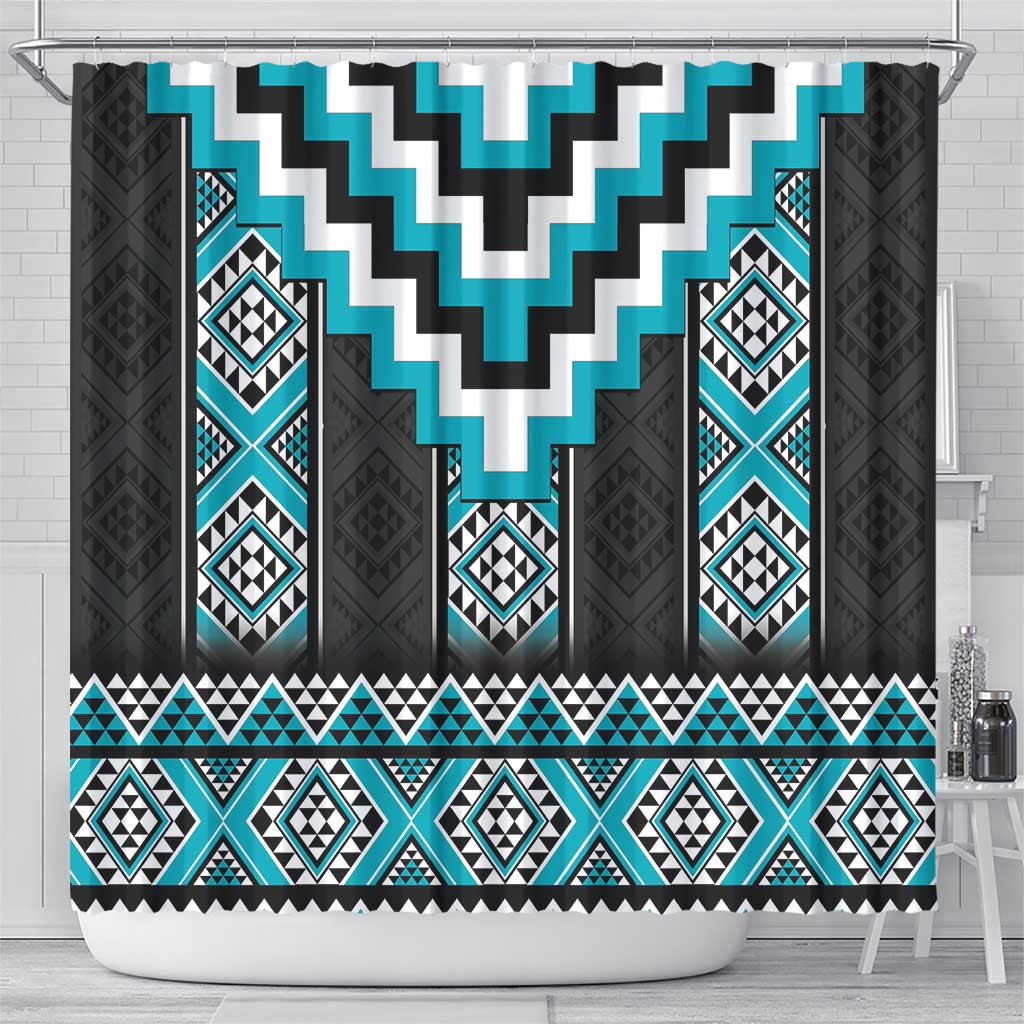 Turquoise Taniko Pattern Aotearoa Shower Curtain Niho Taniwha Mix Poutama LT14 - Polynesian Pride