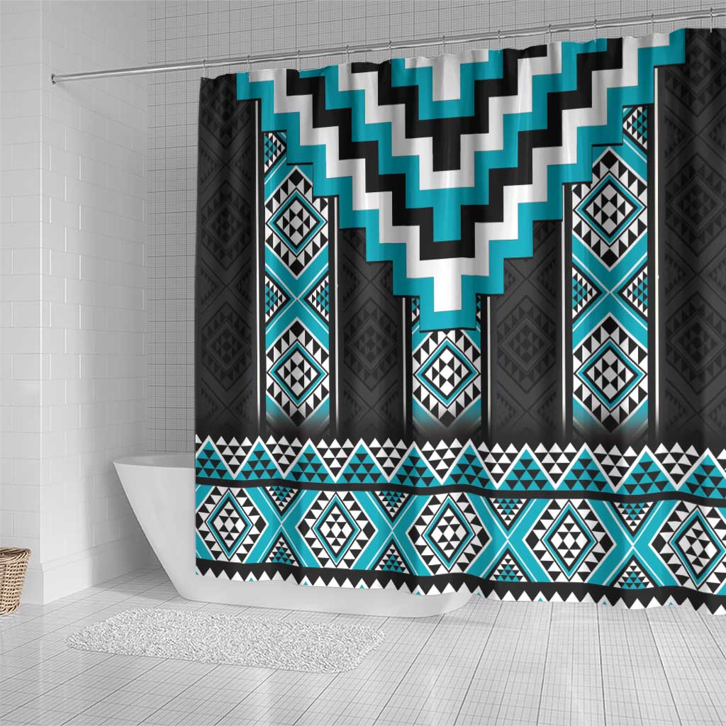 Turquoise Taniko Pattern Aotearoa Shower Curtain Niho Taniwha Mix Poutama LT14 - Polynesian Pride