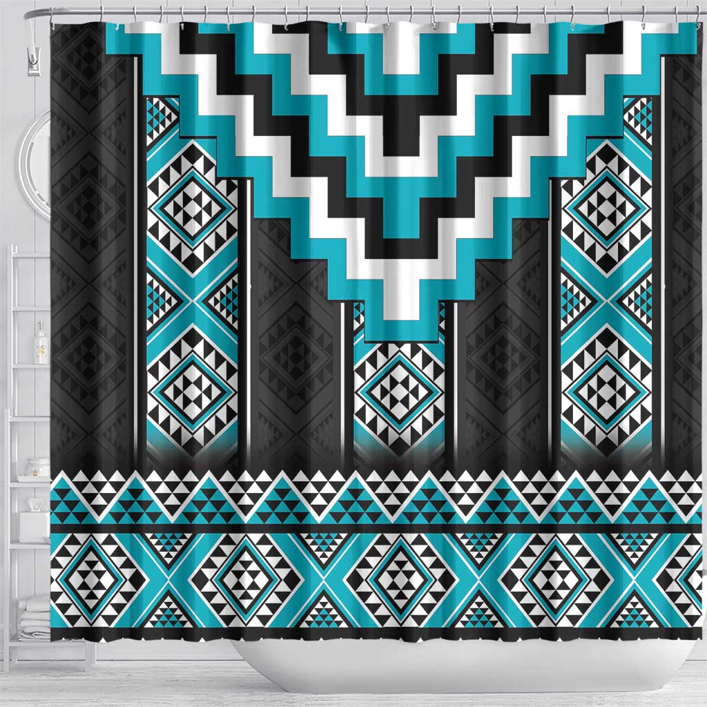 Turquoise Taniko Pattern Aotearoa Shower Curtain Niho Taniwha Mix Poutama LT14 - Polynesian Pride