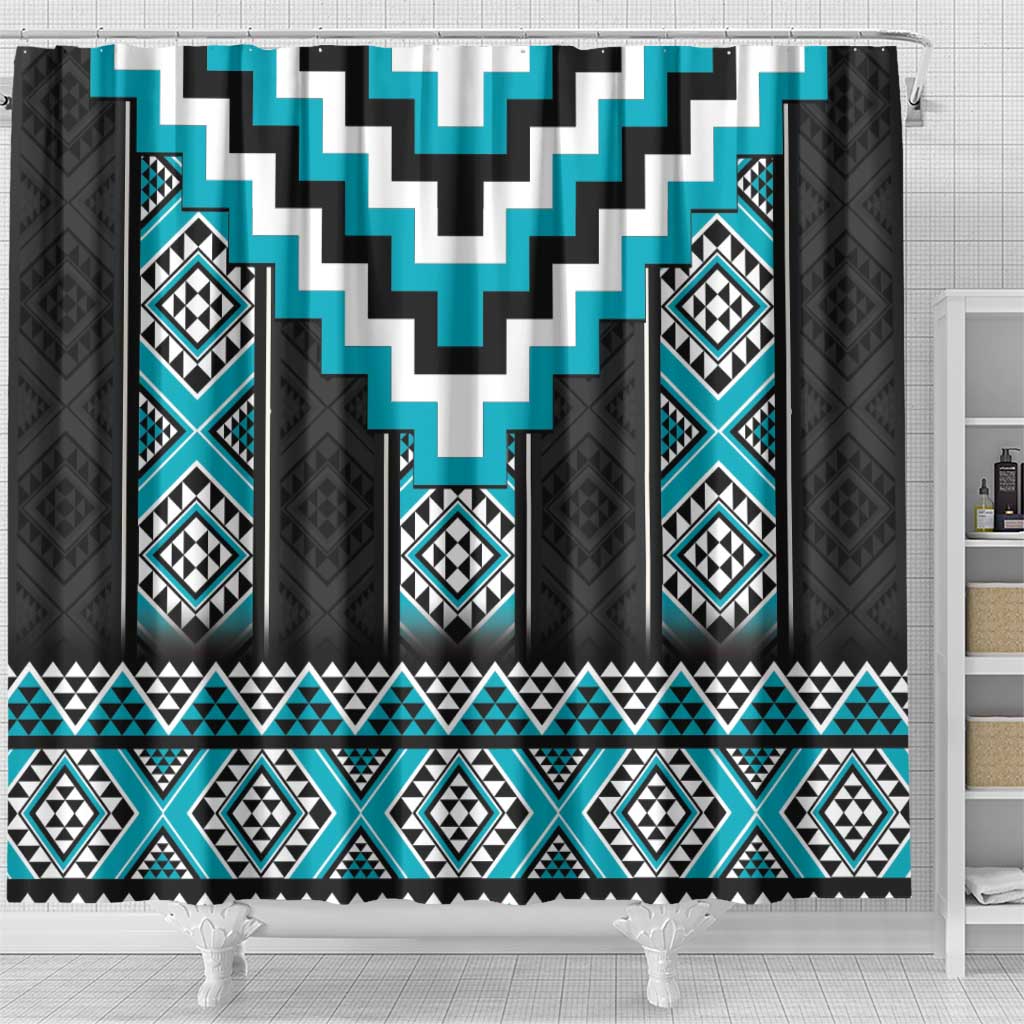 Turquoise Taniko Pattern Aotearoa Shower Curtain Niho Taniwha Mix Poutama LT14 - Polynesian Pride